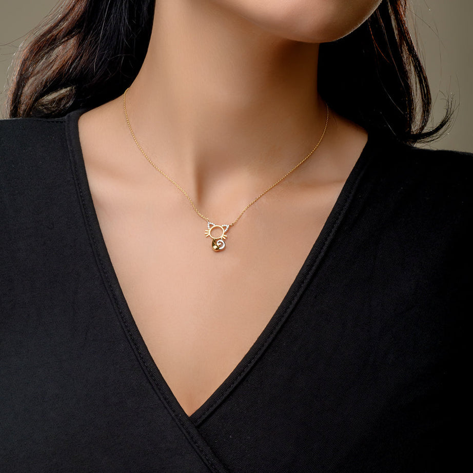 18K Yellow Holo Cat For Kids Diamond Necklace - S-P478S