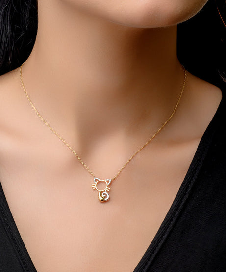 18K Yellow Holo Cat For Kids Diamond Necklace - S-P478S