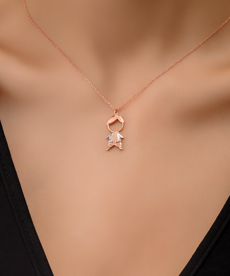 18K Rose Gold Boy Kid Diamond Necklace - S-P487S