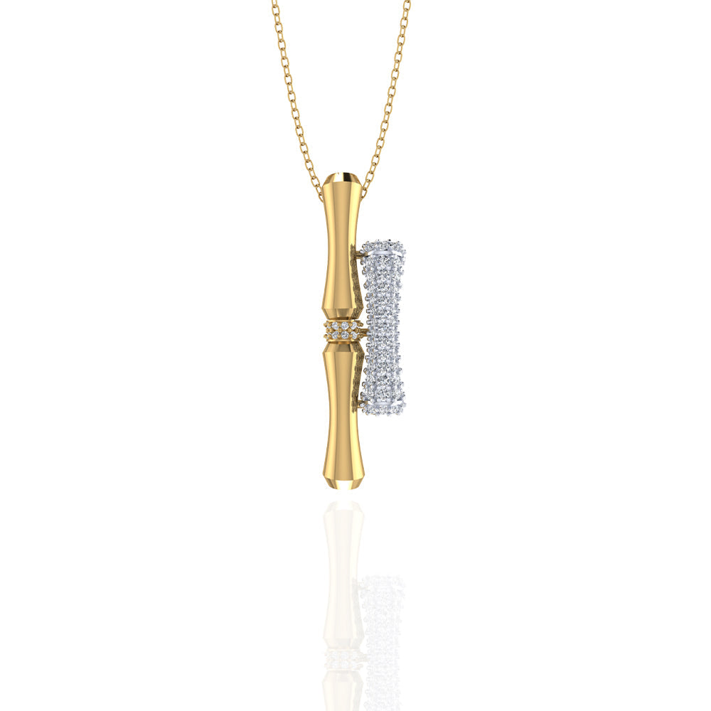 18K Yellow Gold Double Bamboo Stalk Pendant, Encrusted in Diamonds - S-P509S