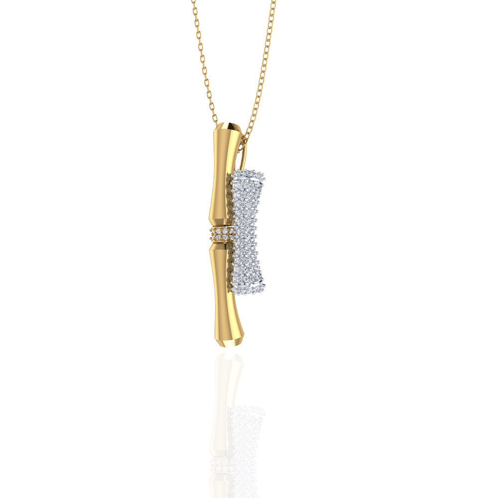 18K Yellow Gold Double Bamboo Stalk Pendant, Encrusted in Diamonds - S-P509S