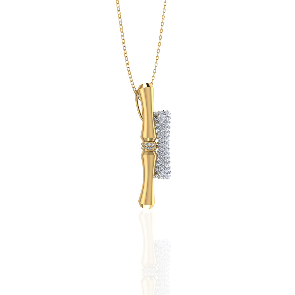 18K Yellow Gold Double Bamboo Stalk Pendant, Encrusted in Diamonds - S-P509S