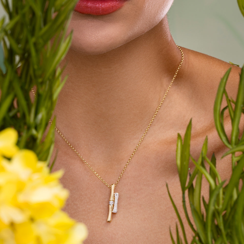 18K Yellow Gold Double Bamboo Stalk Pendant, Encrusted in Diamonds - S-P509S