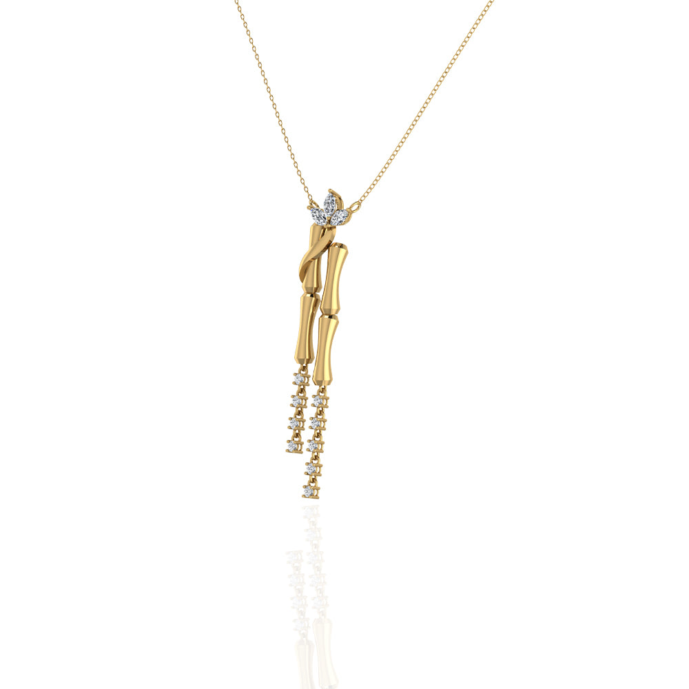 18k Yellow Gold Double Bamboo Stalk Pendant with Hanging Diamond and decorative Marquise Leaf - S-P510S