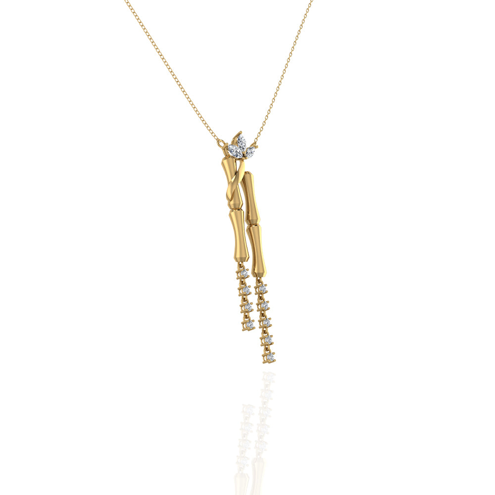 18k Yellow Gold Double Bamboo Stalk Pendant with Hanging Diamond and decorative Marquise Leaf - S-P510S
