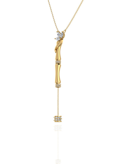 18k Yellow Gold Single Bamboo Stalk Pendant with Hanging Diamond and decorative Marquise Leaf - S-P512S
