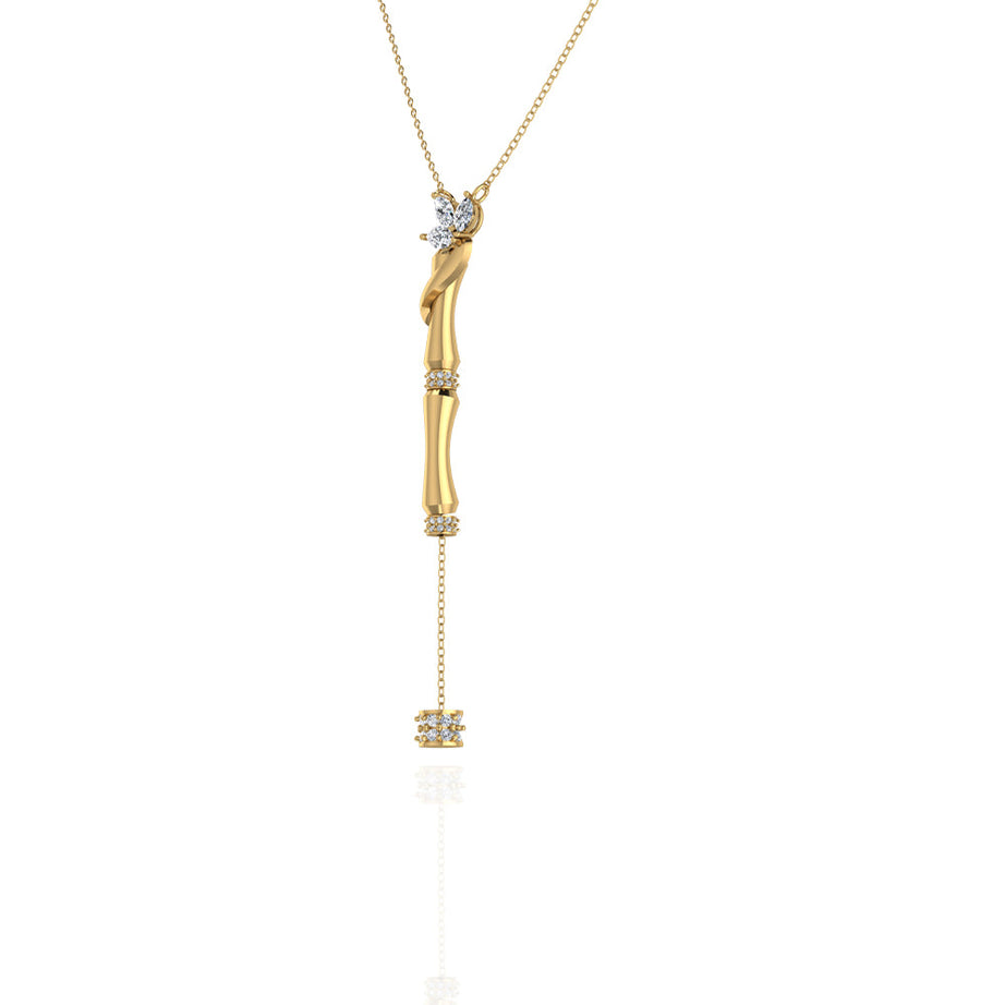 18k Yellow Gold Single Bamboo Stalk Pendant with Hanging Diamond and decorative Marquise Leaf - S-P512S