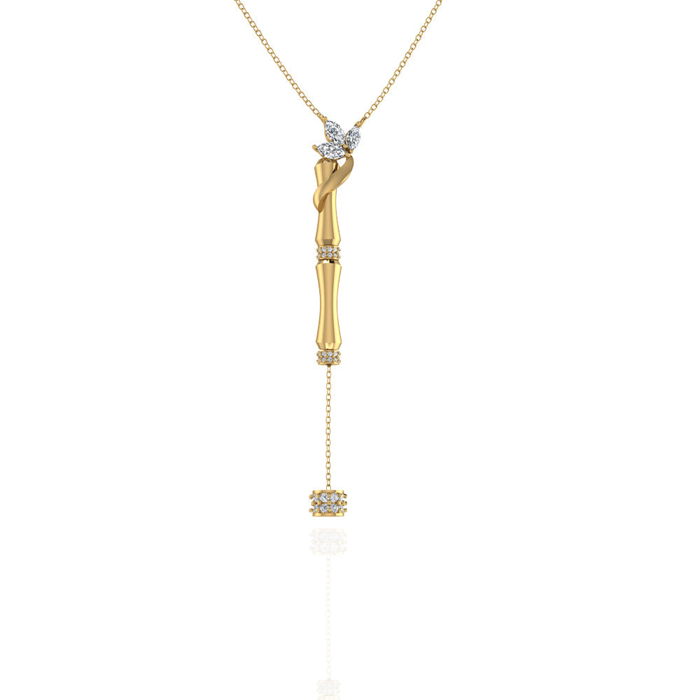 18k Yellow Gold Single Bamboo Stalk Pendant with Hanging Diamond and decorative Marquise Leaf - S-P512S