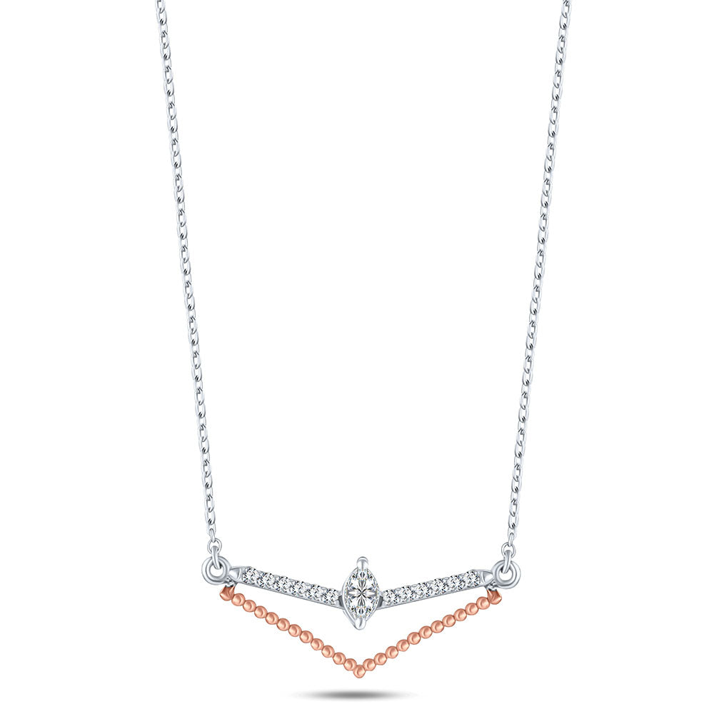 An 18k white gold diamond necklace with a V-shaped design pendant consisting of multiple small diamonds set in a metal frame, suspended from a matching gold chain.