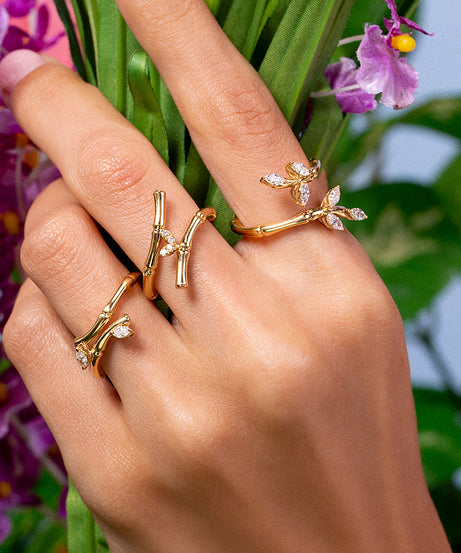18k Yellow Gold Diamond Lucky Curled Ring with Marquise Leaf Shape, Long - S-R320SB