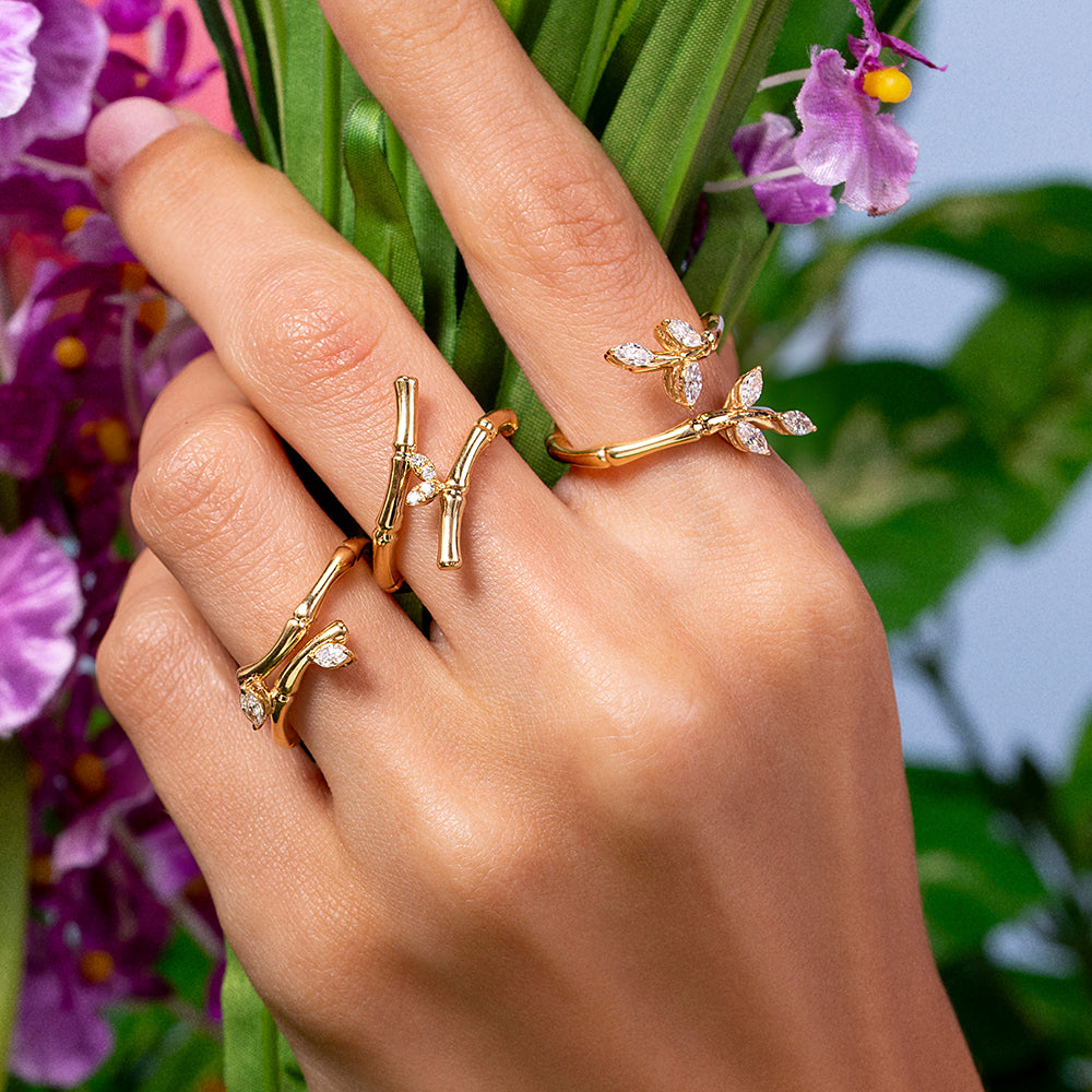 18k Yellow Gold Diamond Lucky Curled Ring with Marquise Leaf Shape, Long - S-R320SB