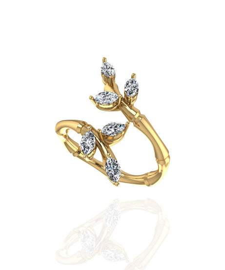 18k Yellow Gold Diamond Lucky Curled Ring with Marquise Leaf Shape, Long - S-R320SB