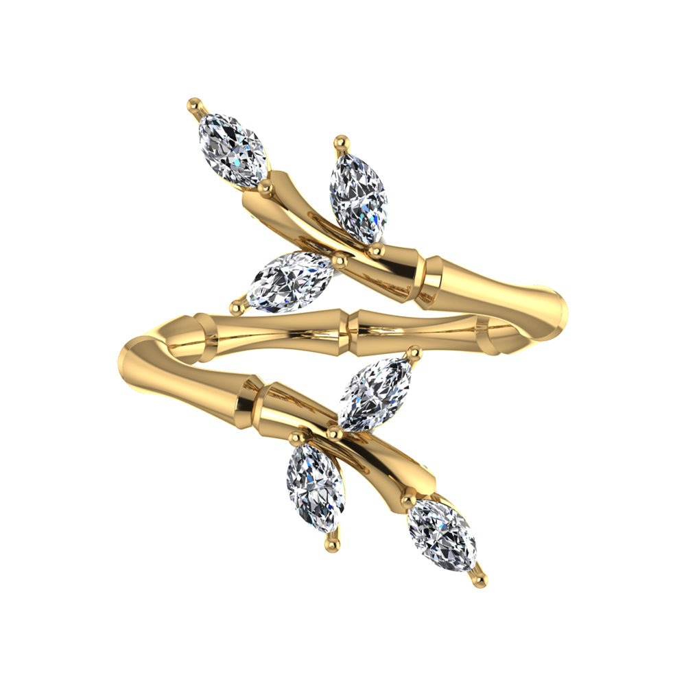 18k Yellow Gold Diamond Lucky Curled Ring with Marquise Leaf Shape, Long - S-R320SB