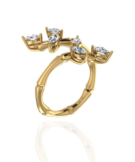 18k Yellow Gold Diamond Lucky Curled Ring with Marquise Leaf Shape, Long - S-R320SB