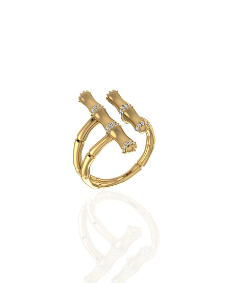18k Yellow Gold Diamond Double Bamboo Stalk Ring- S-R321S