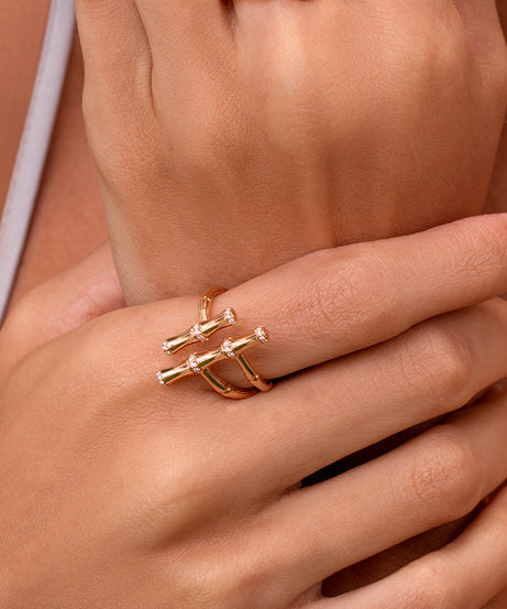 18k Yellow Gold Diamond Double Bamboo Stalk Ring- S-R321S