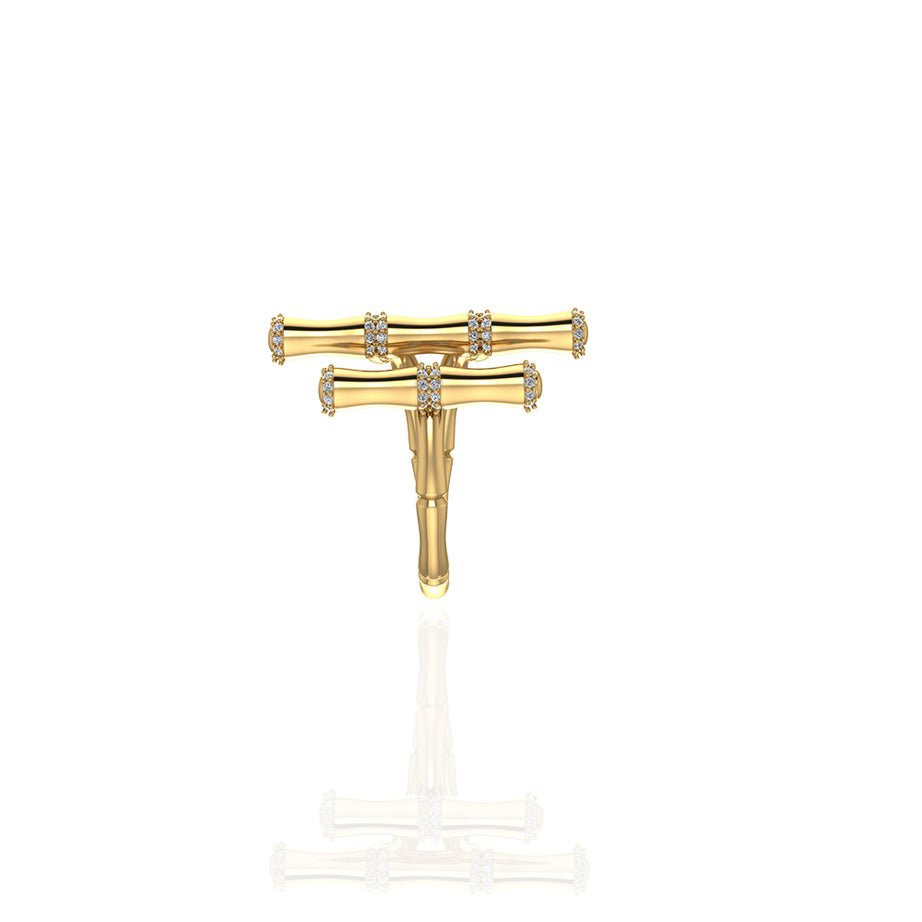 18k Yellow Gold Diamond Double Bamboo Stalk Ring- S-R321S