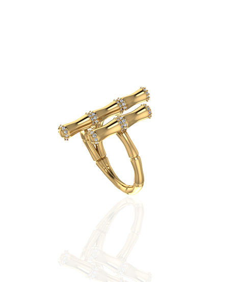 18k Yellow Gold Diamond Double Bamboo Stalk Ring- S-R321S