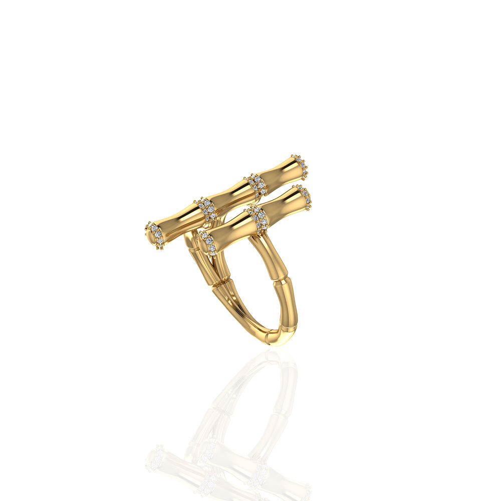 18k Yellow Gold Diamond Double Bamboo Stalk Ring- S-R321S