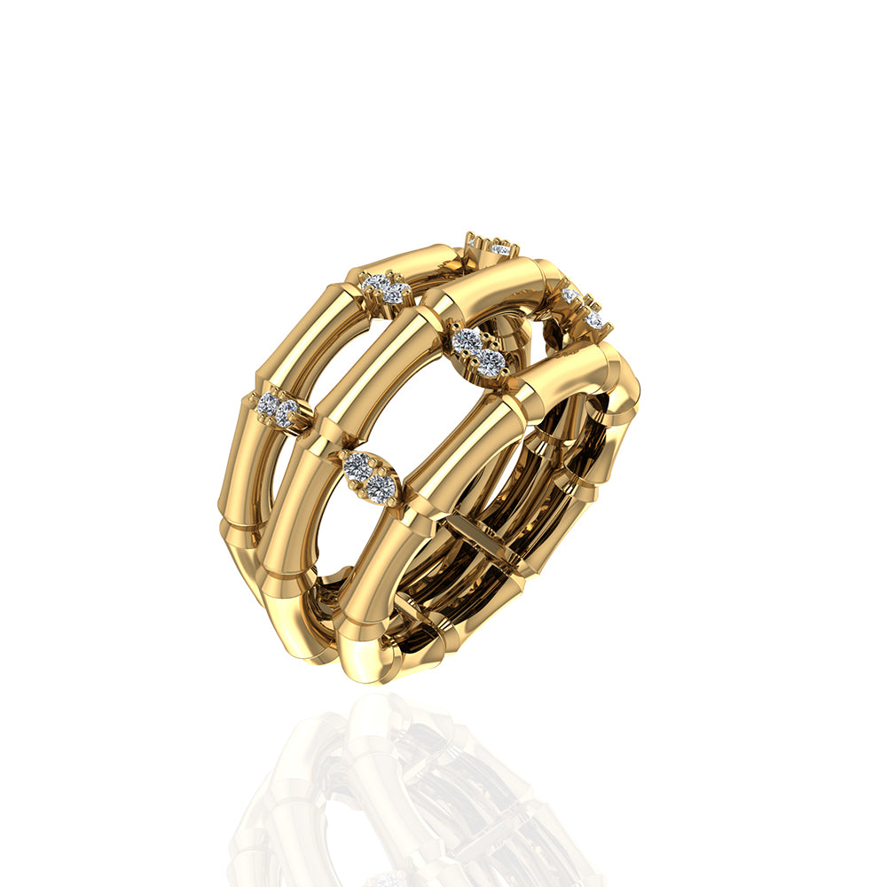 18k Yellow Gold Triple Layer Bamboo Ring with Leafy Marquise Diamond - S-R377S