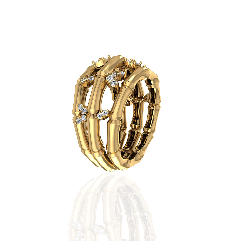 18k Yellow Gold Triple Layer Bamboo Ring, with Leafy Marquise Diamond - S-R377SC