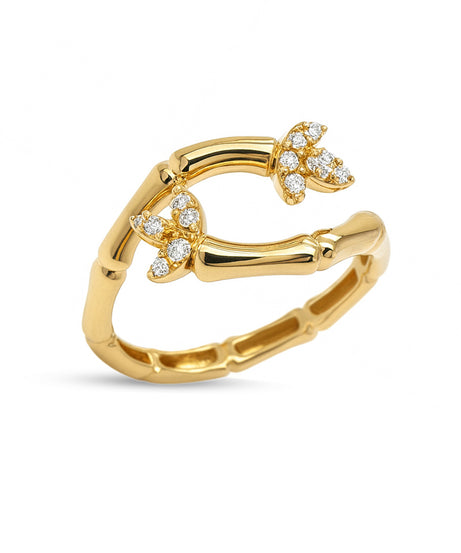 18K Yellow Gold Lucky Bamboo Open Diamond Ring with Leaf Ends - S-R384S