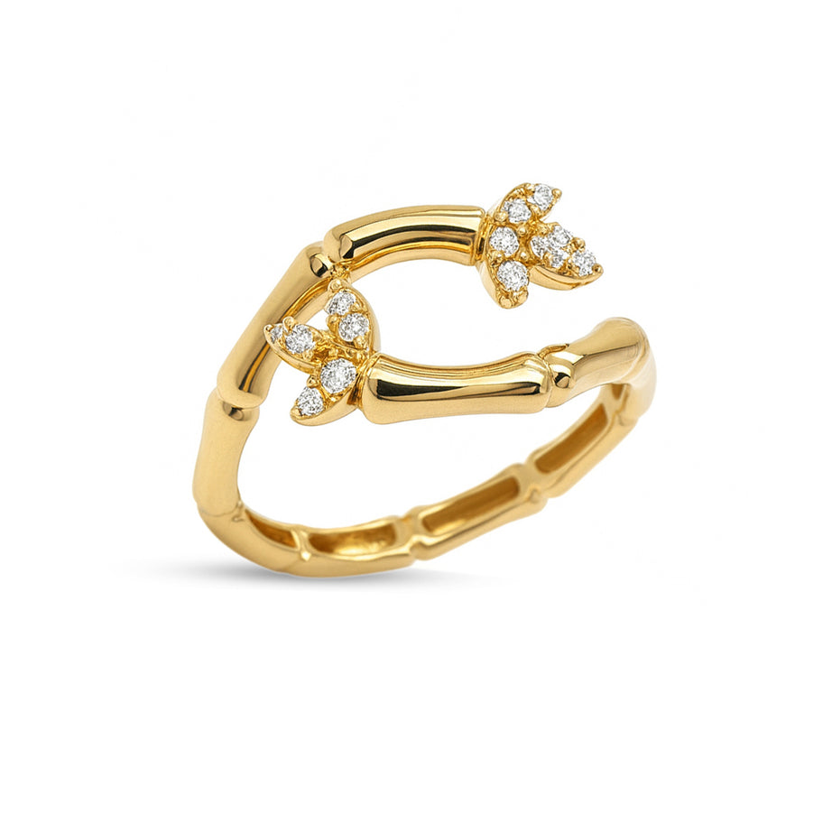 18K Yellow Gold Lucky Bamboo Open Diamond Ring with Leaf Ends - S-R384S