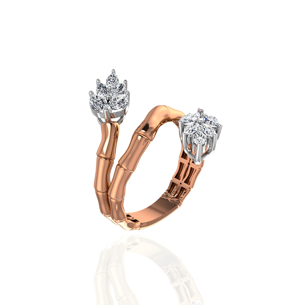 18K Rose Gold Curled Lucky Ring with Marquise Diamond Leaves - S-R408S