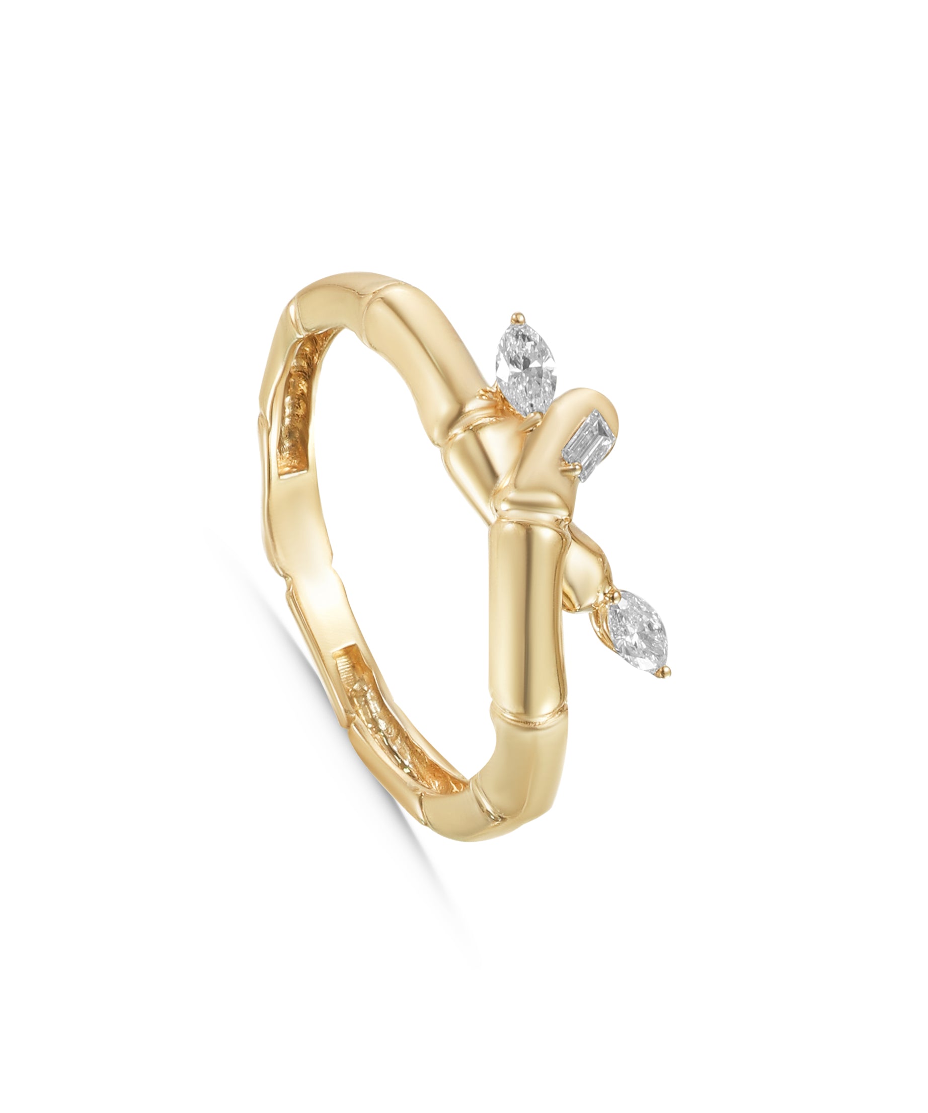 18k Yellow Gold Bamboo Knot Ring with Diamonds - S-R524S