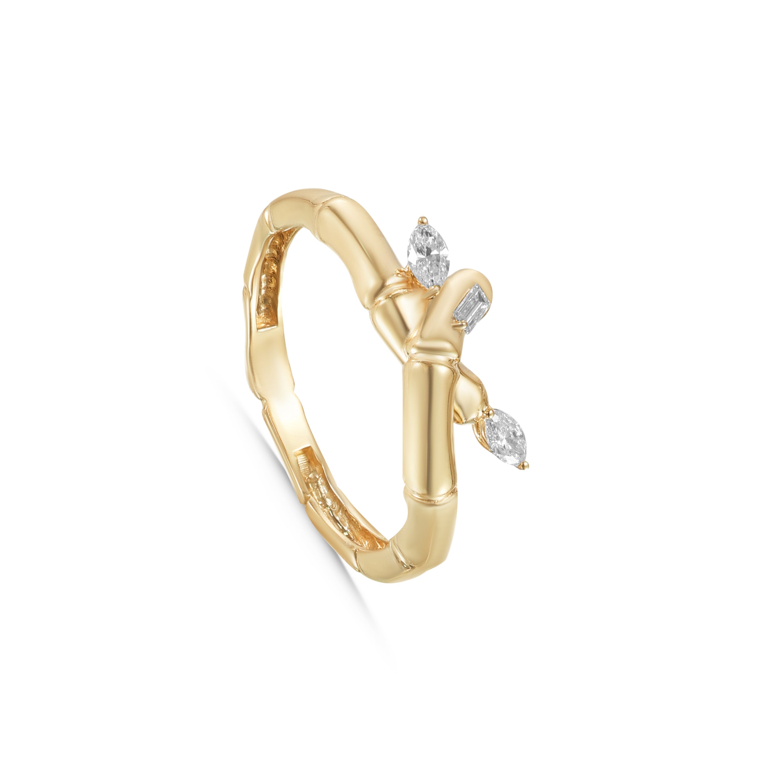18k Yellow Gold Bamboo Knot Ring with Diamonds - S-R524S