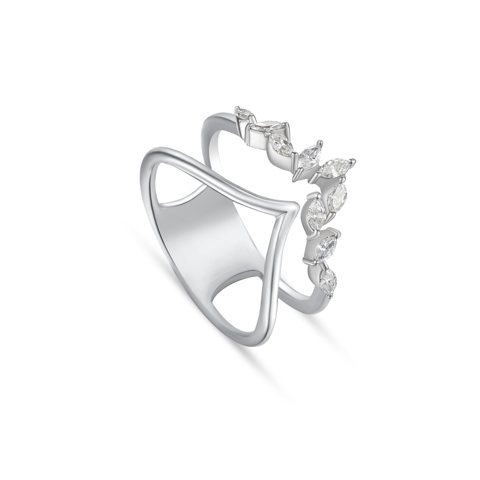 18K White Gold Marquise Diamond Ring with Openwork Design - S-R606S