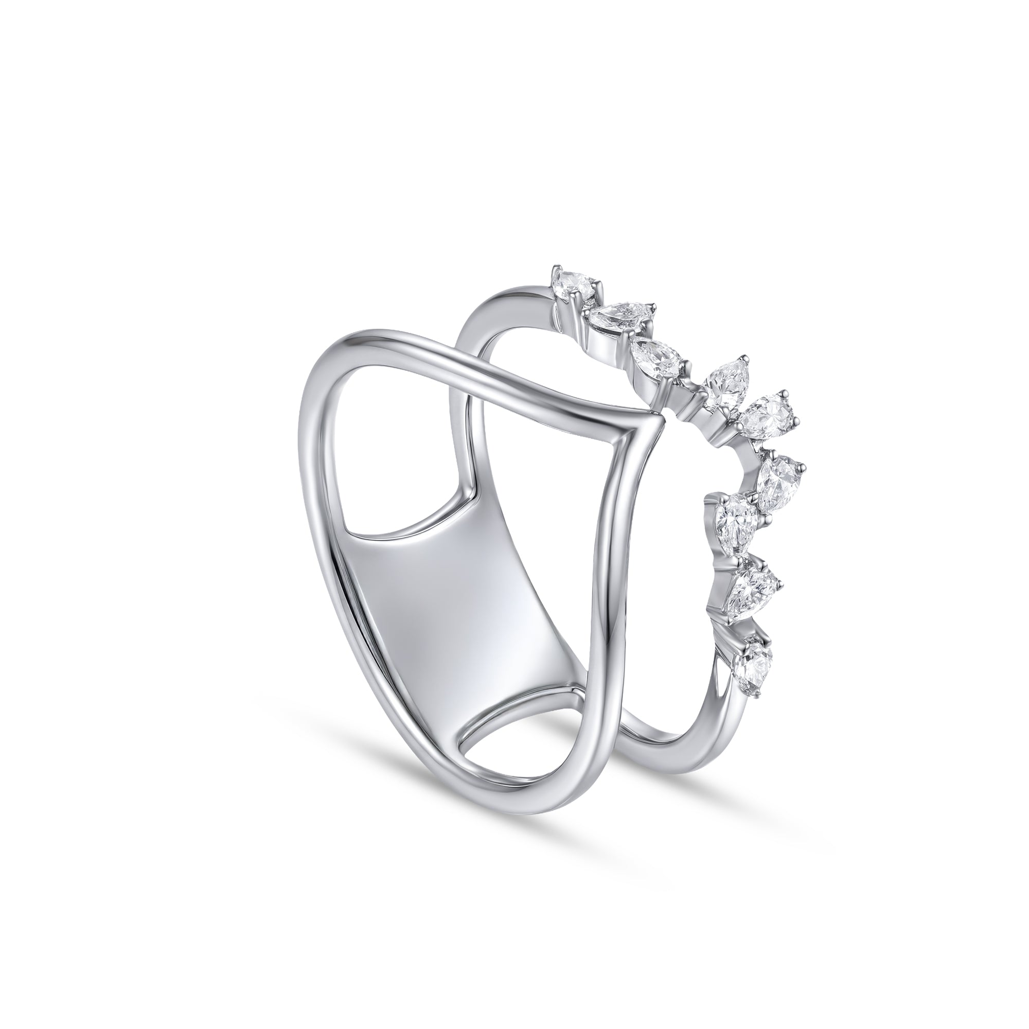 18K White Gold Pear Diamond Ring with Openwork Design - S-R607S