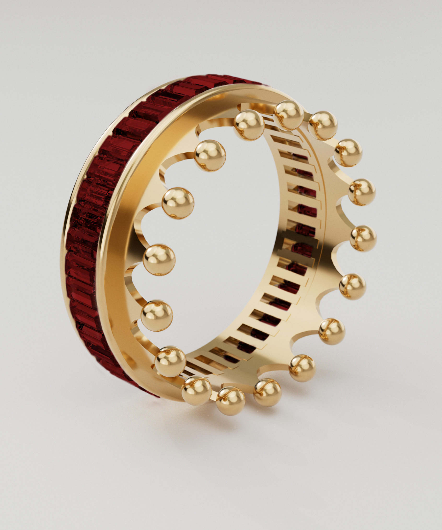 18k Gold Crown Ring Encrusted with Ruby Baguette  - S-W037SC