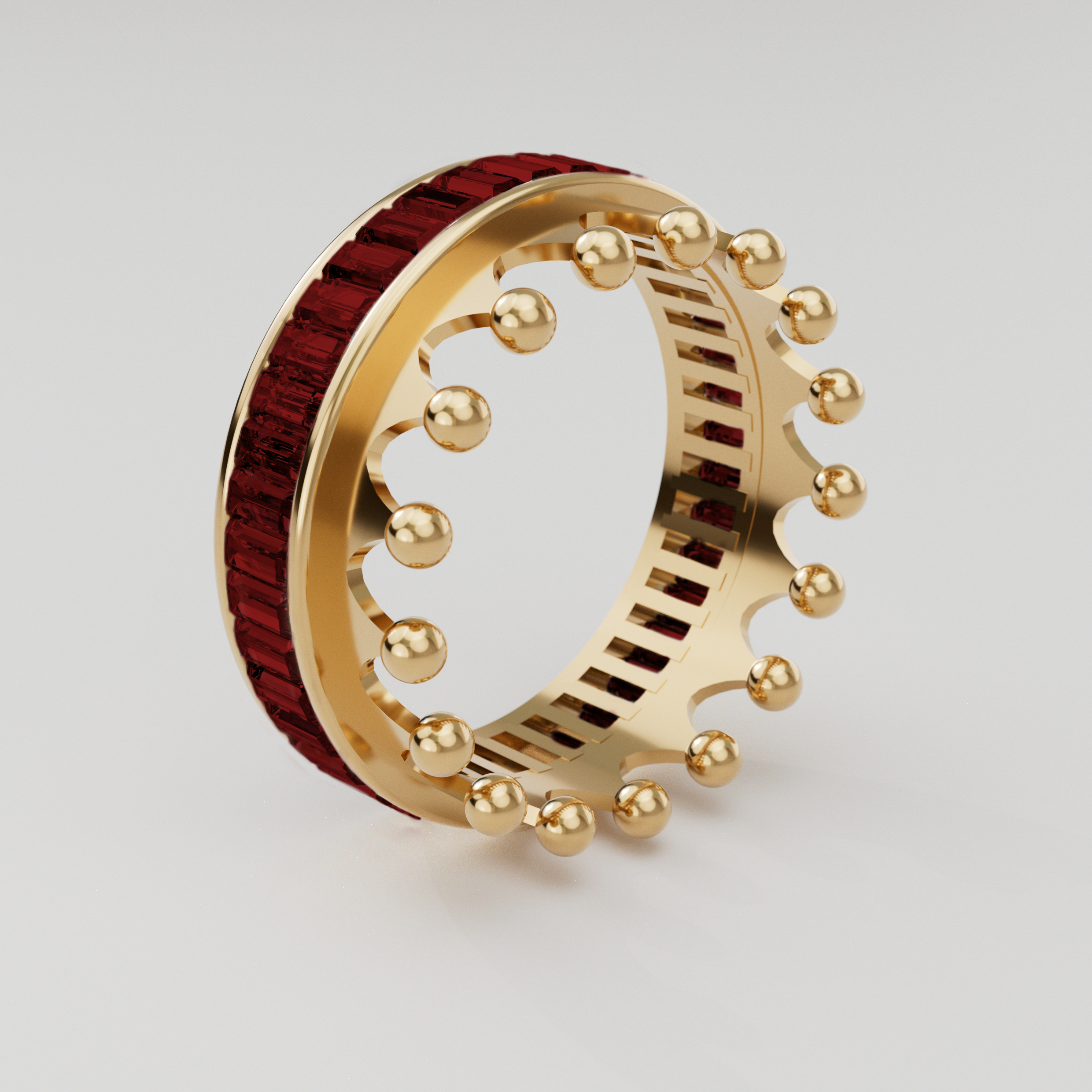 18k Gold Crown Ring Encrusted with Ruby Baguette  - S-W037SC