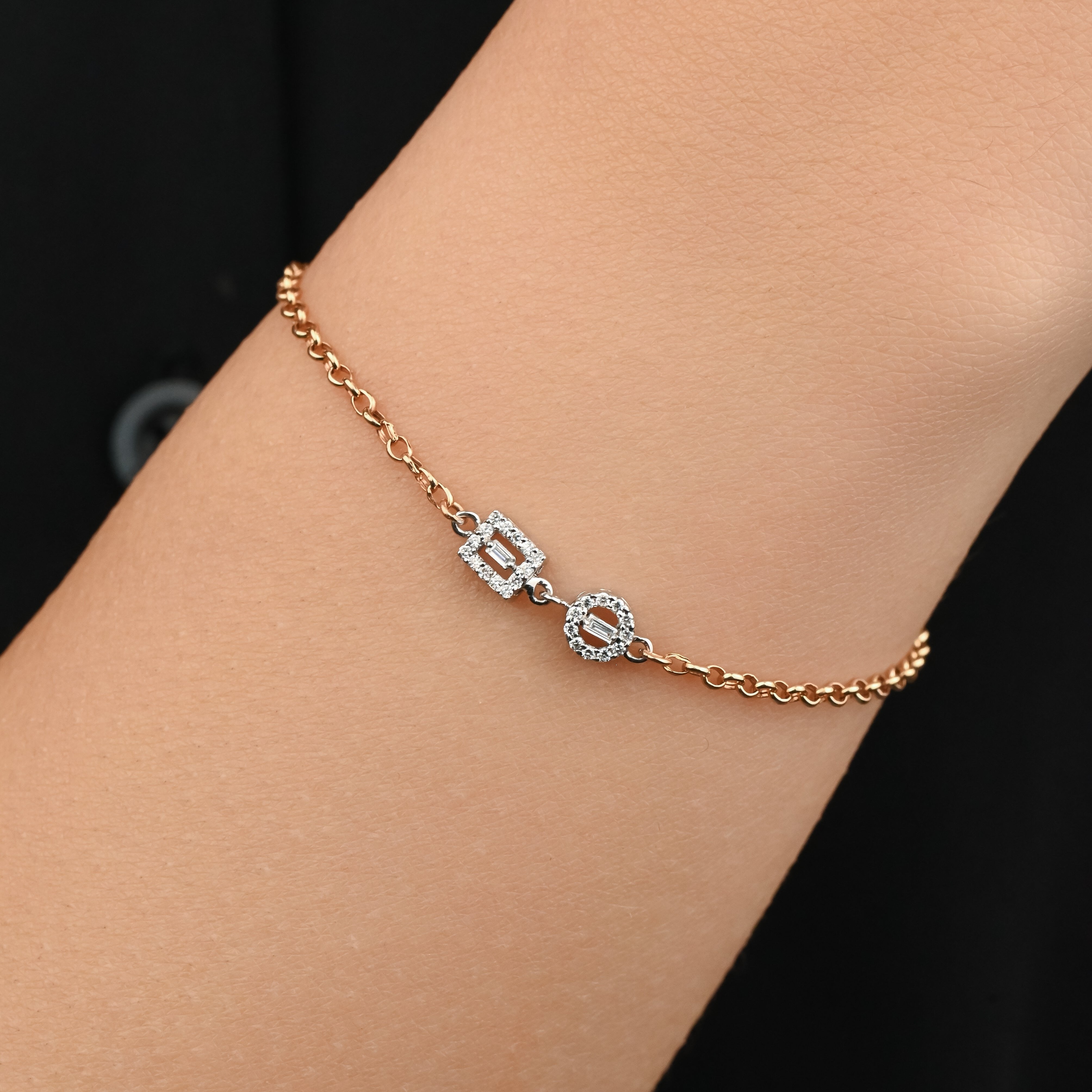 Square and circle bracelet studded with diamonds in 18k Rose & Yellow gold - S-X039B