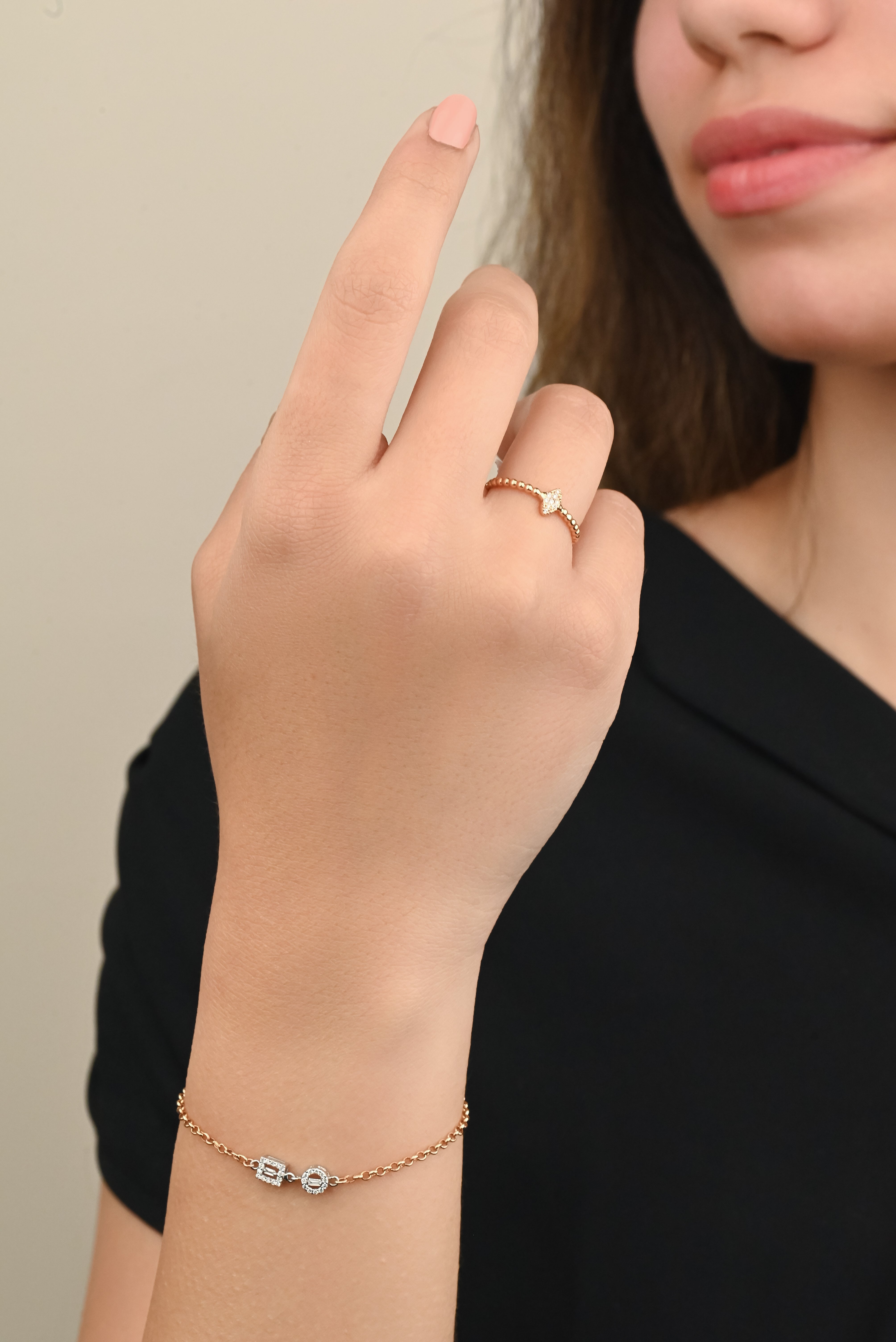 Square and circle bracelet studded with diamonds in 18k Rose & Yellow gold - S-X039B