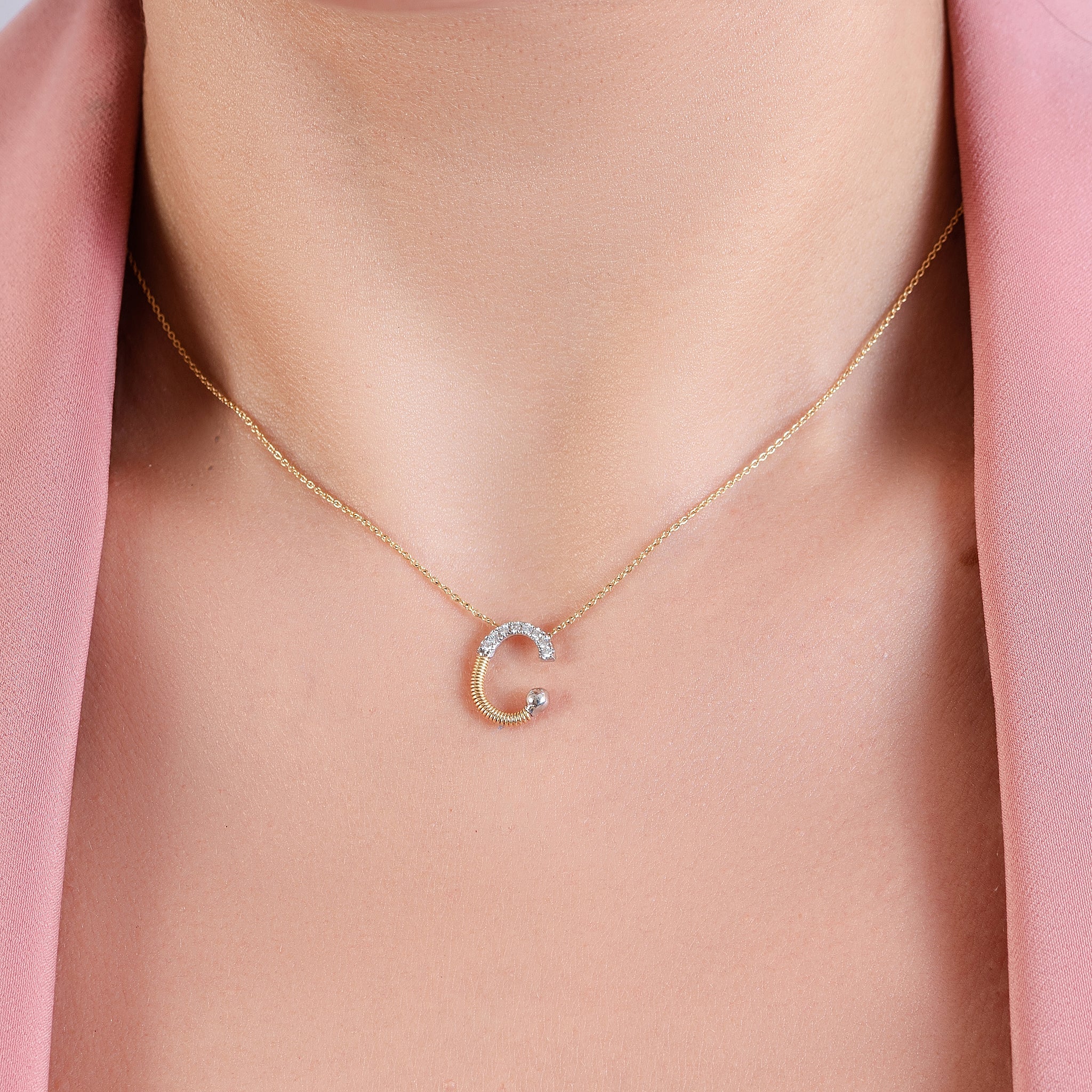 Letter C outstanding Diamond Necklace in Rose 18 K Gold - SIR1675P