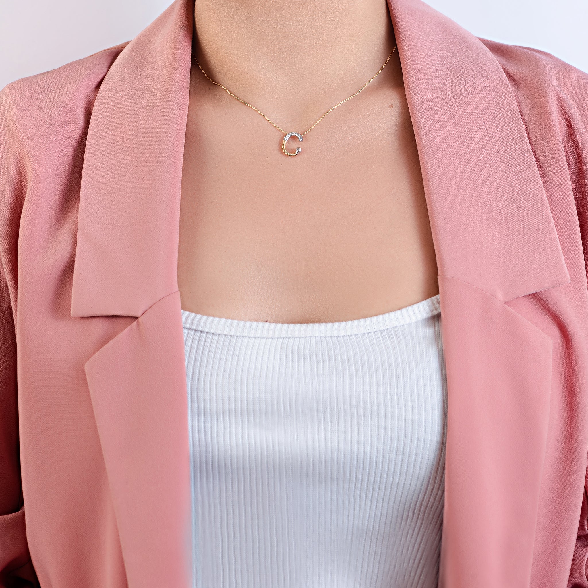 Letter C outstanding Diamond Necklace in Rose 18 K Gold - SIR1675P