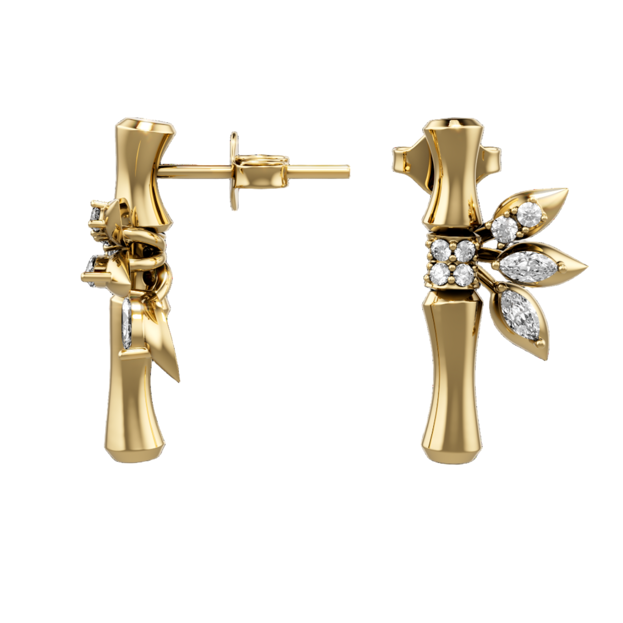 18K Lucky Bamboo Earrings with Diamond Leaves - S-E304S
