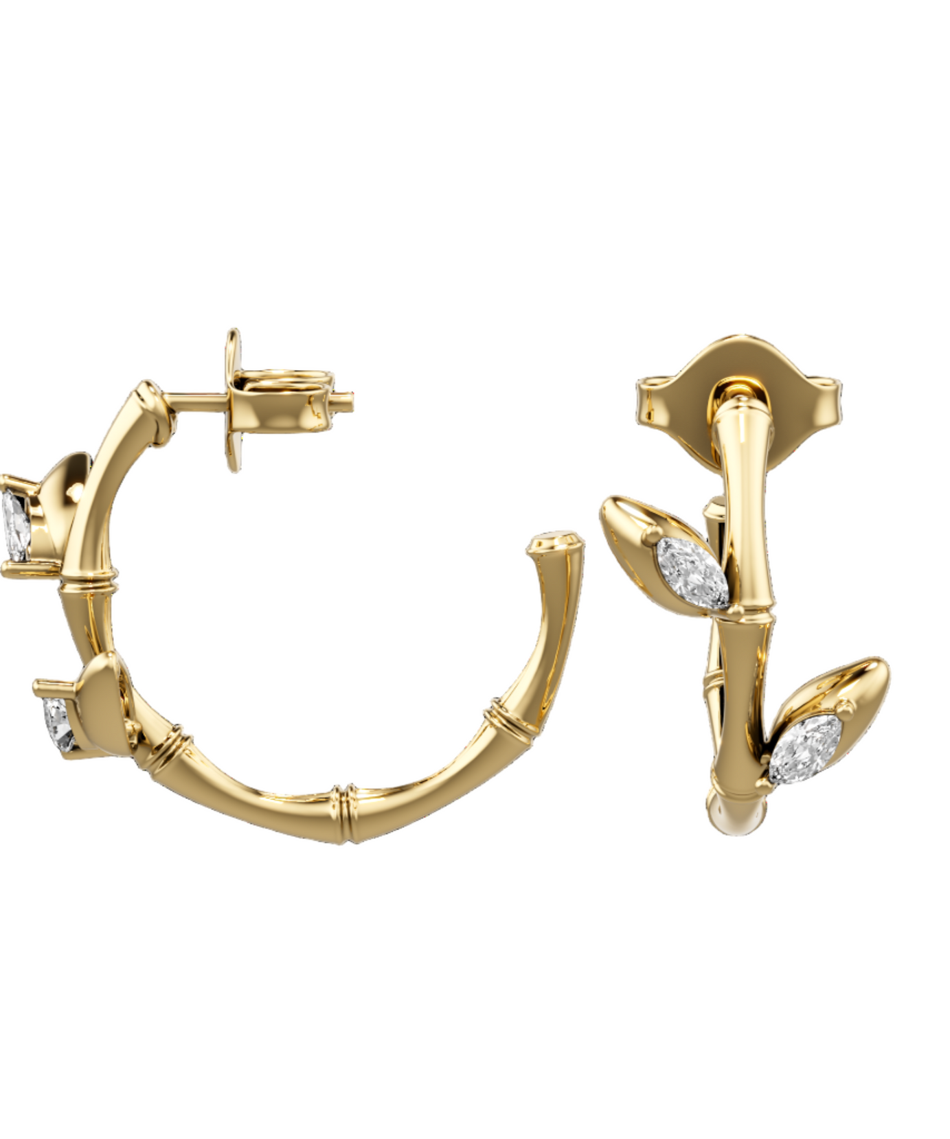 18K Gold Lucky Hoop Bamboo Earrings with Marquise Diamond Leaves - S-E312S