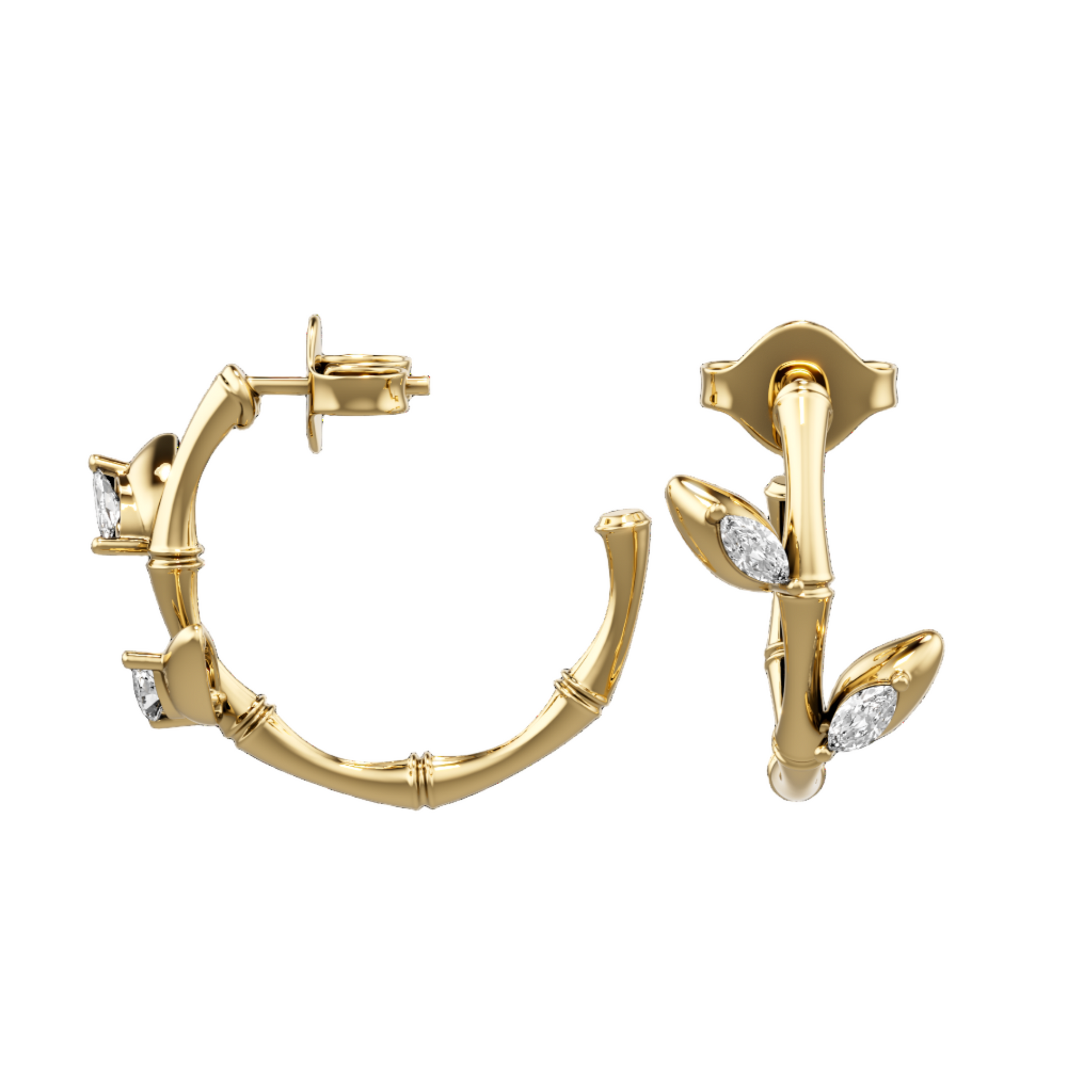 18K Gold Lucky Hoop Bamboo Earrings with Marquise Diamond Leaves - S-E312S