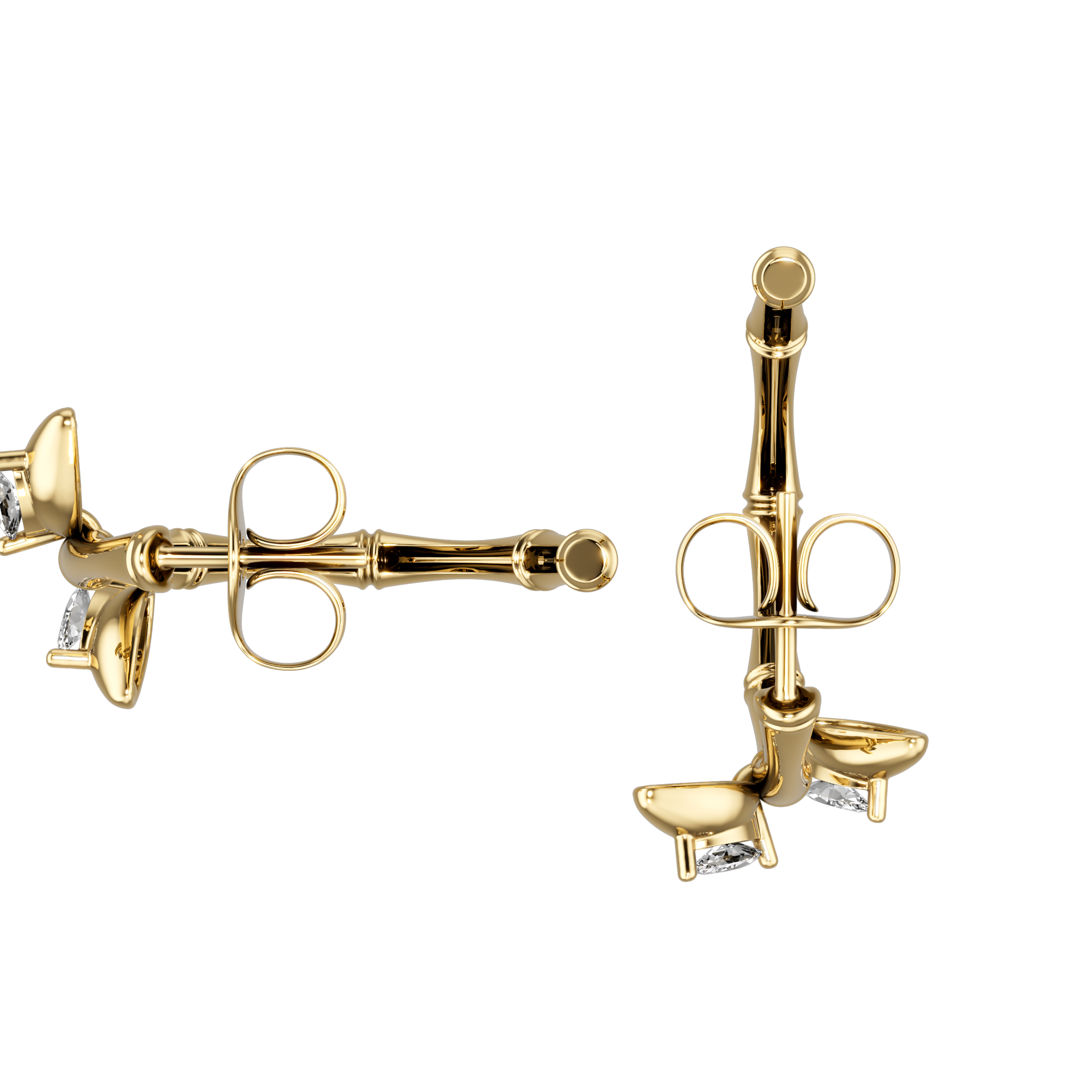 18K Gold Lucky Hoop Bamboo Earrings with Marquise Diamond Leaves - S-E312S