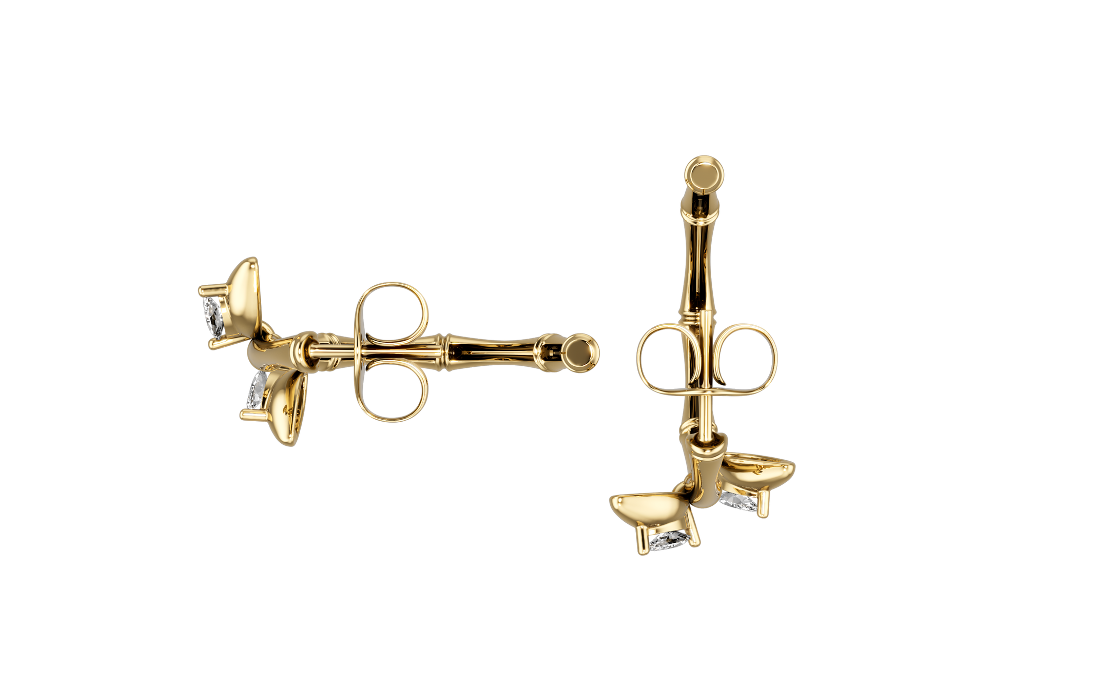 18K Gold Lucky Hoop Bamboo Earrings with Marquise Diamond Leaves - S-E312S