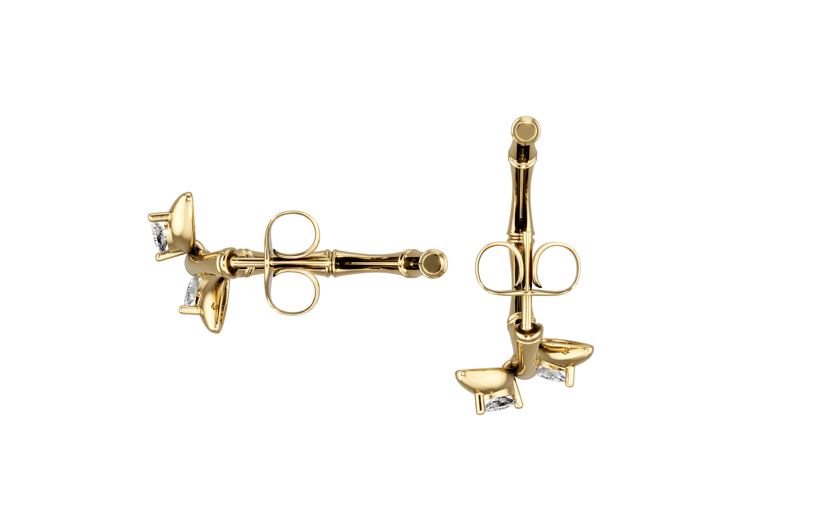 18K Gold Lucky Hoop Bamboo Earrings with Marquise Diamond Leaves - S-E312S