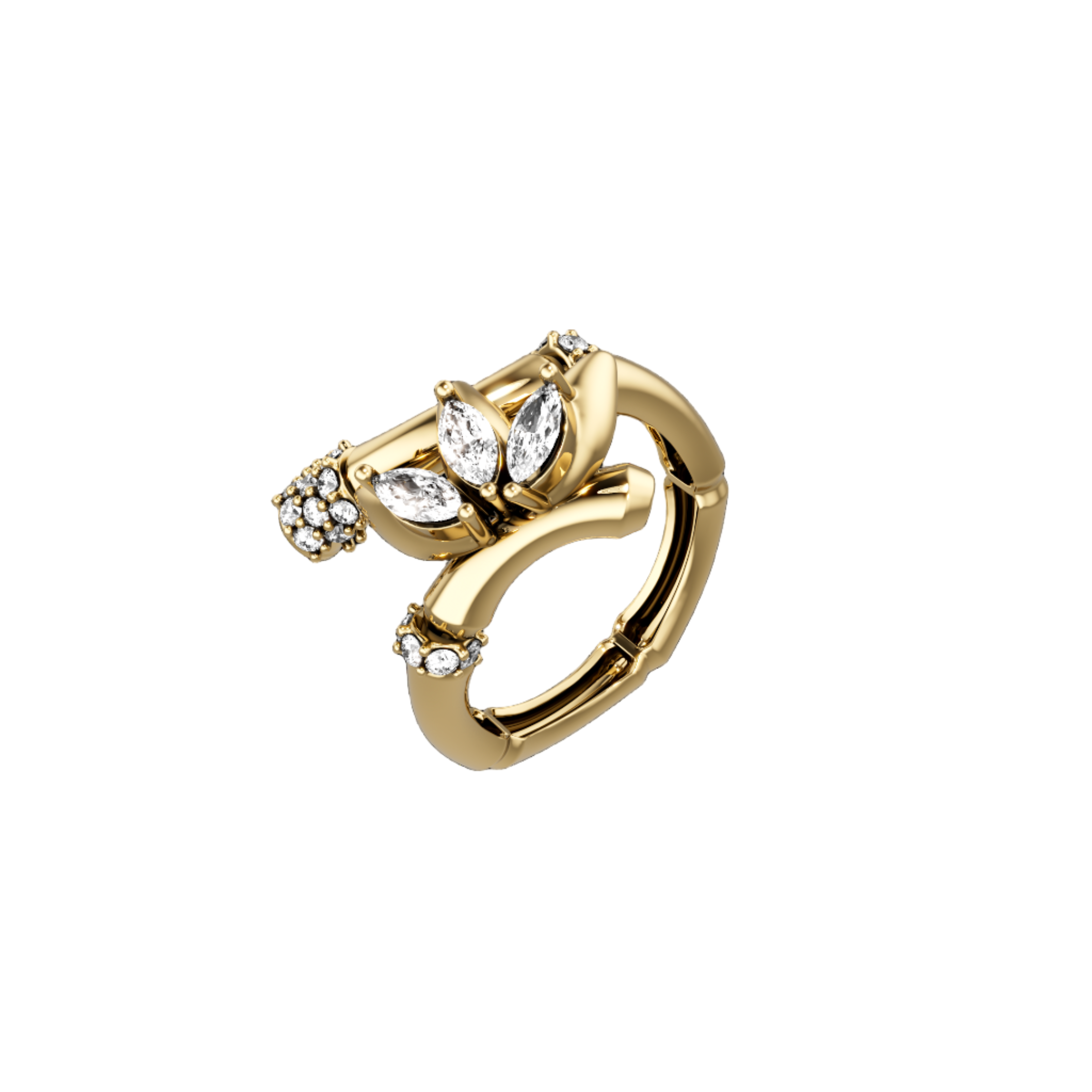 18K Lucky Bamboo Wrap Ring with Marquise Diamond Leaves - S-R454S