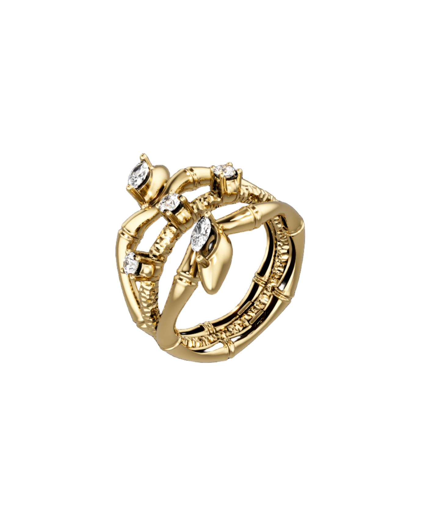 18K Lucky Bamboo Triple-Layer Ring with Diamond Accents