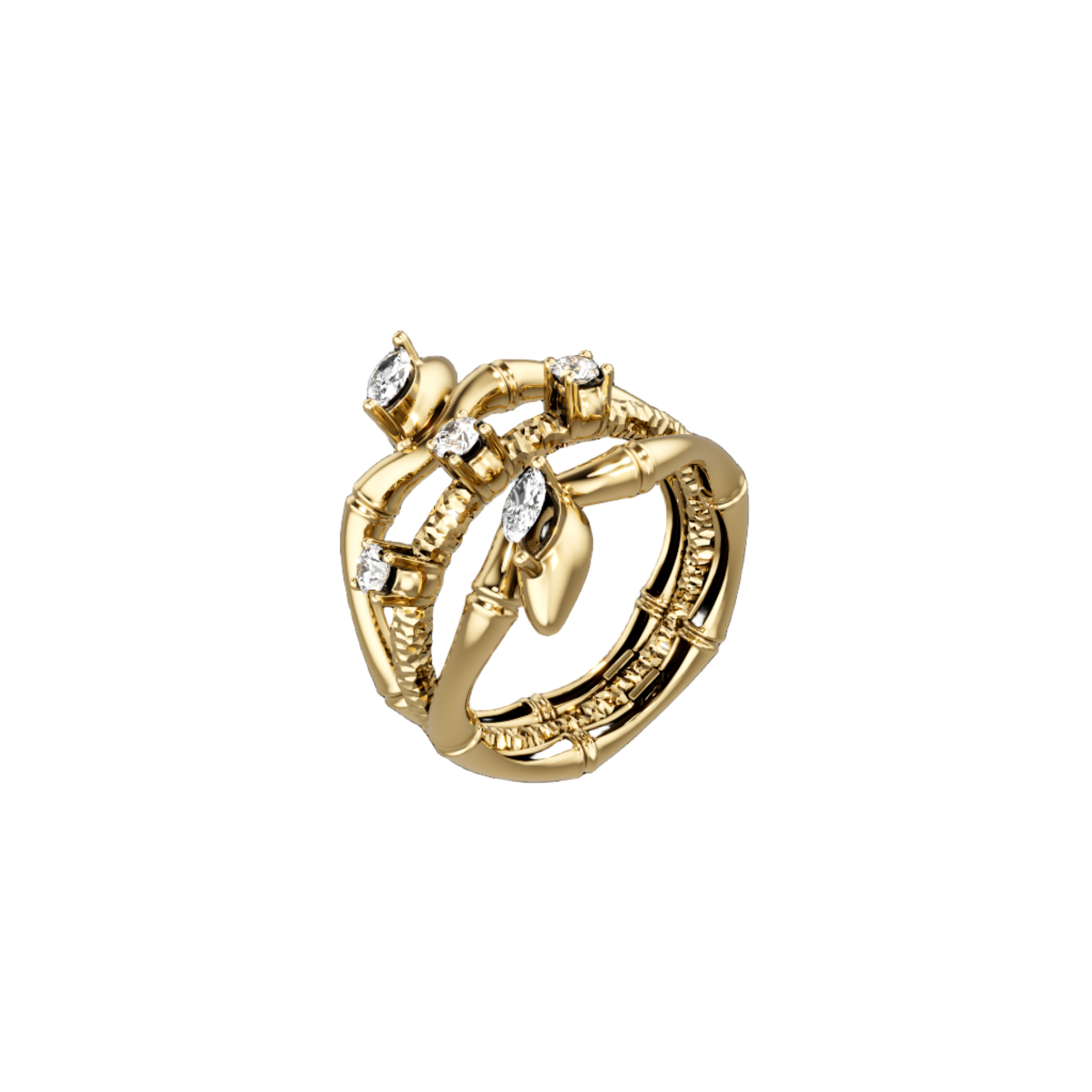 18K Lucky Bamboo Triple-Layer Ring with Diamond Accents