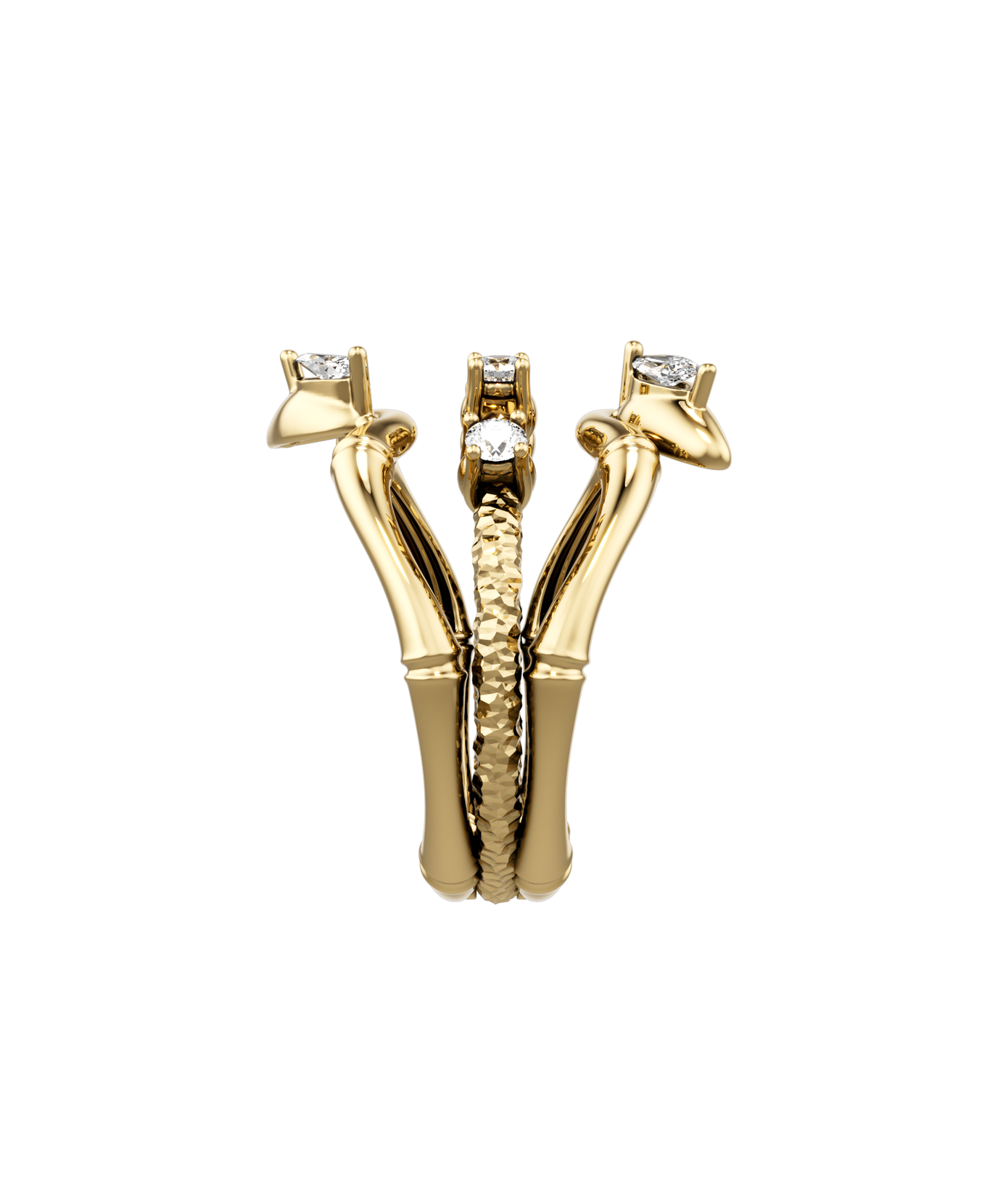 18K Yellow Gold Lucky Bamboo Triple Layer Ring with Diamond Accents - S-R459SB