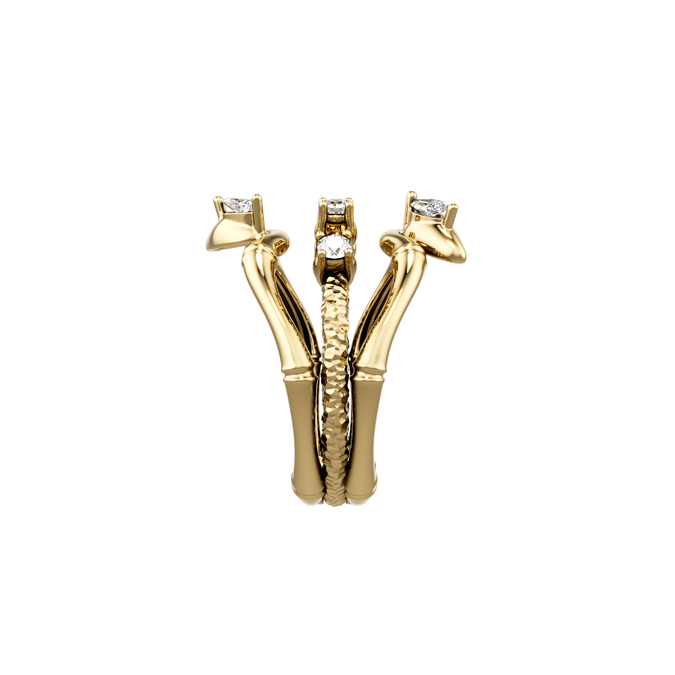 18K Yellow Gold Lucky Bamboo Triple Layer Ring with Diamond Accents - S-R459SB