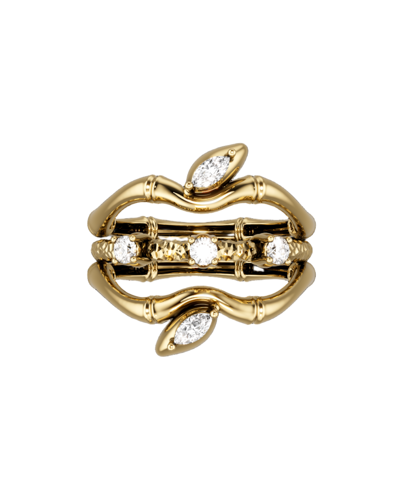 18K Yellow Gold Lucky Bamboo Triple Layer Ring with Diamond Accents - S-R459SB